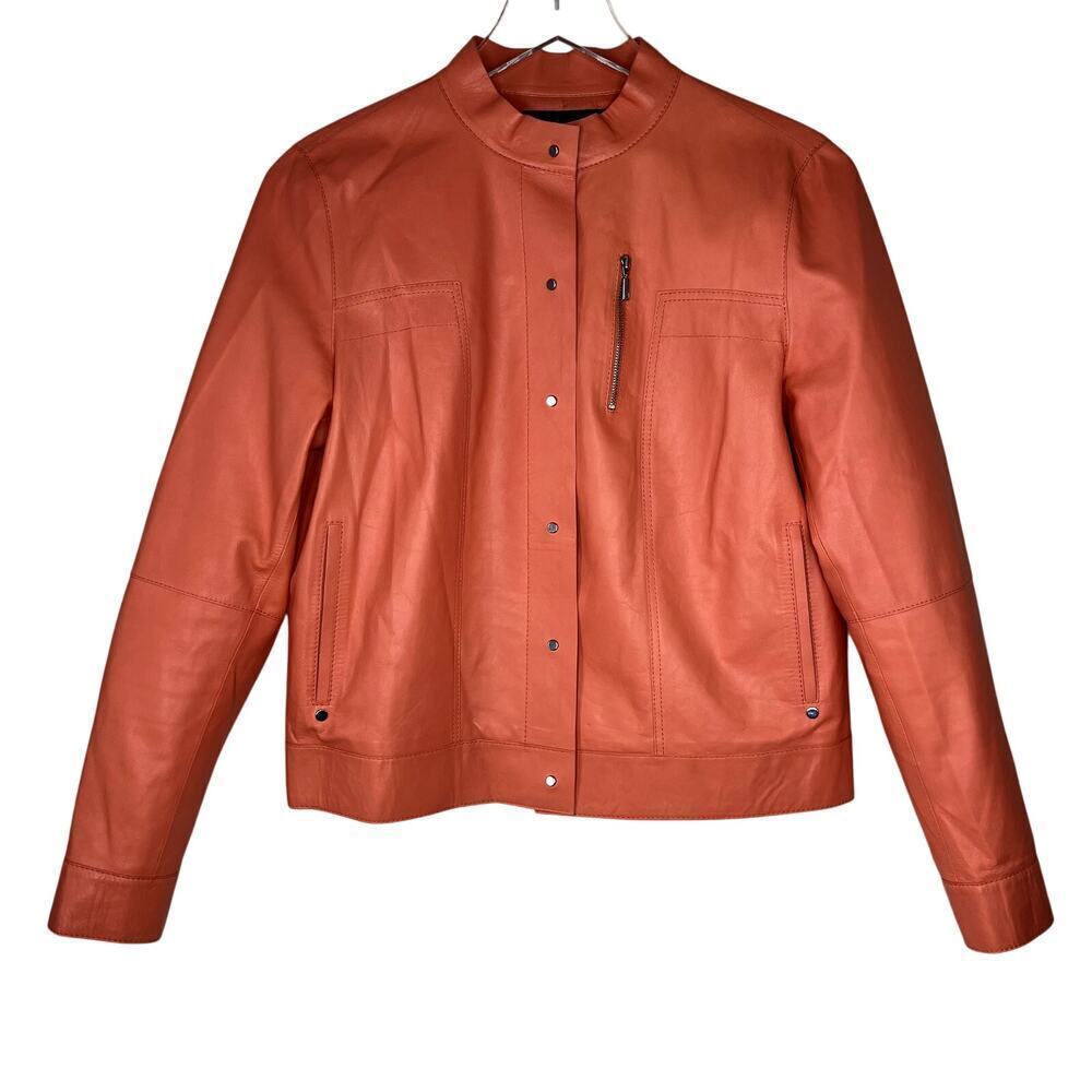 Lafayette 148 Galicia Glazed Weightless Lambskin Leather Jacket SMALL Orange